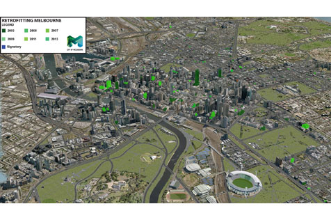 3D map of Melbourne with retrofit buildings indicated from 2003, 2005 and 2007