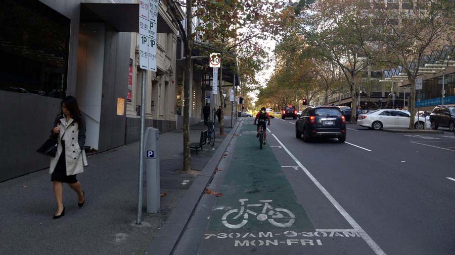 Section of the Exhibition Street bike lane marked with '7.30am to 9.30am Monday to Friday'.