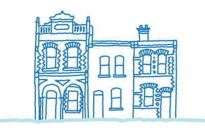 Illustration of a row of three terrace houses of different styles, representing a heritage place
