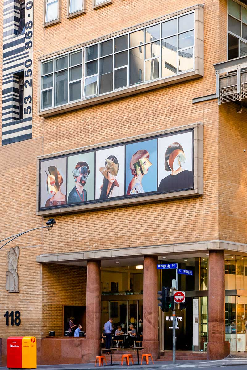 The artwork installed on the building, viewed at an angle