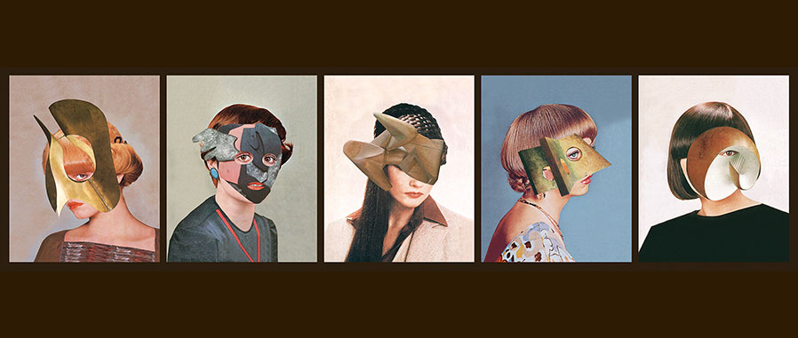 Full artwork, showing a row of five vintage portaits of women with modernist scultpture images over their faces