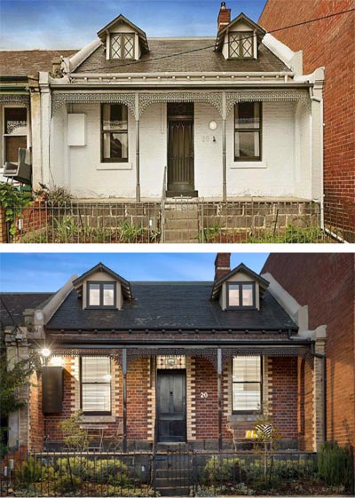 Composite before and after photo of a double fronted heritage house, shoiwn with white paint and after pain removal revealing detailed brickwork