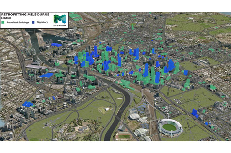 3D map of Melbourne with buildings program singnatories and retrofit activity indicated