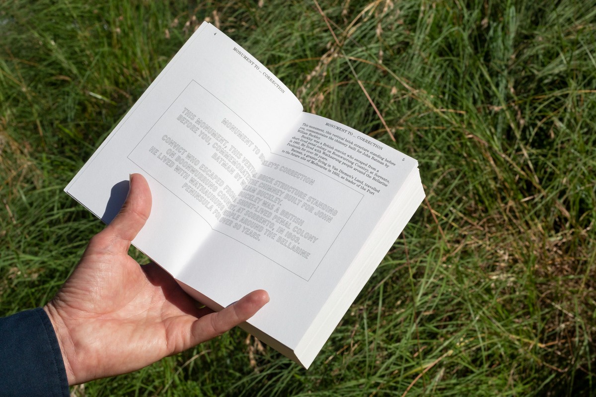 A human hand holding an open book in front of grass.