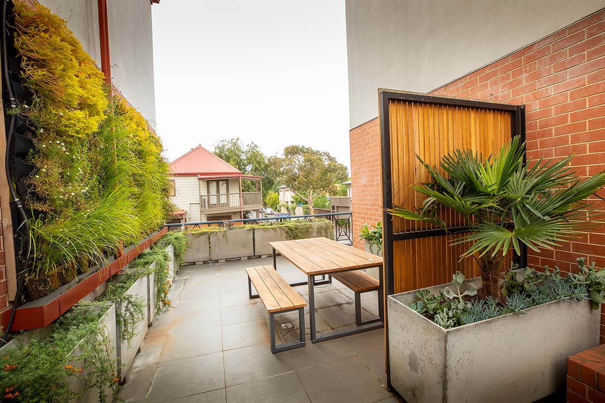 The common area with balcony facing the street now has a table and benches, a green wall and many planter boxes containing creeping flowering vegetation, succulents and palms.