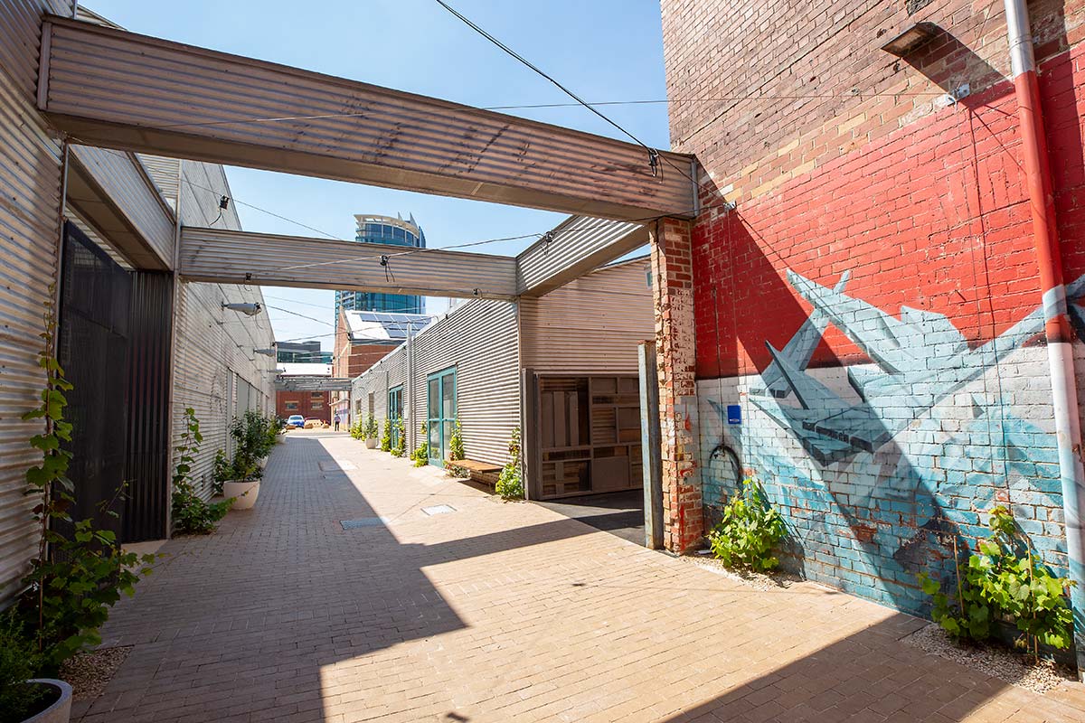 A section of the laneway with metal gantries and a brick wall decorated with a mural. Potted plants and vines line both edges of the path, which is now fully paved.